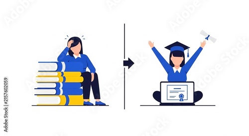 Concept of graduation journey from hard study to diploma