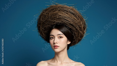 Young woman with a large bird's nest on her head in a studio portrait, natural makeup, neutral facial expression, solid blue background, conceptual art, whimsical and artistic fash
