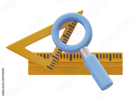 3D Set Square, Ruler and Magnifying Glass Illustration