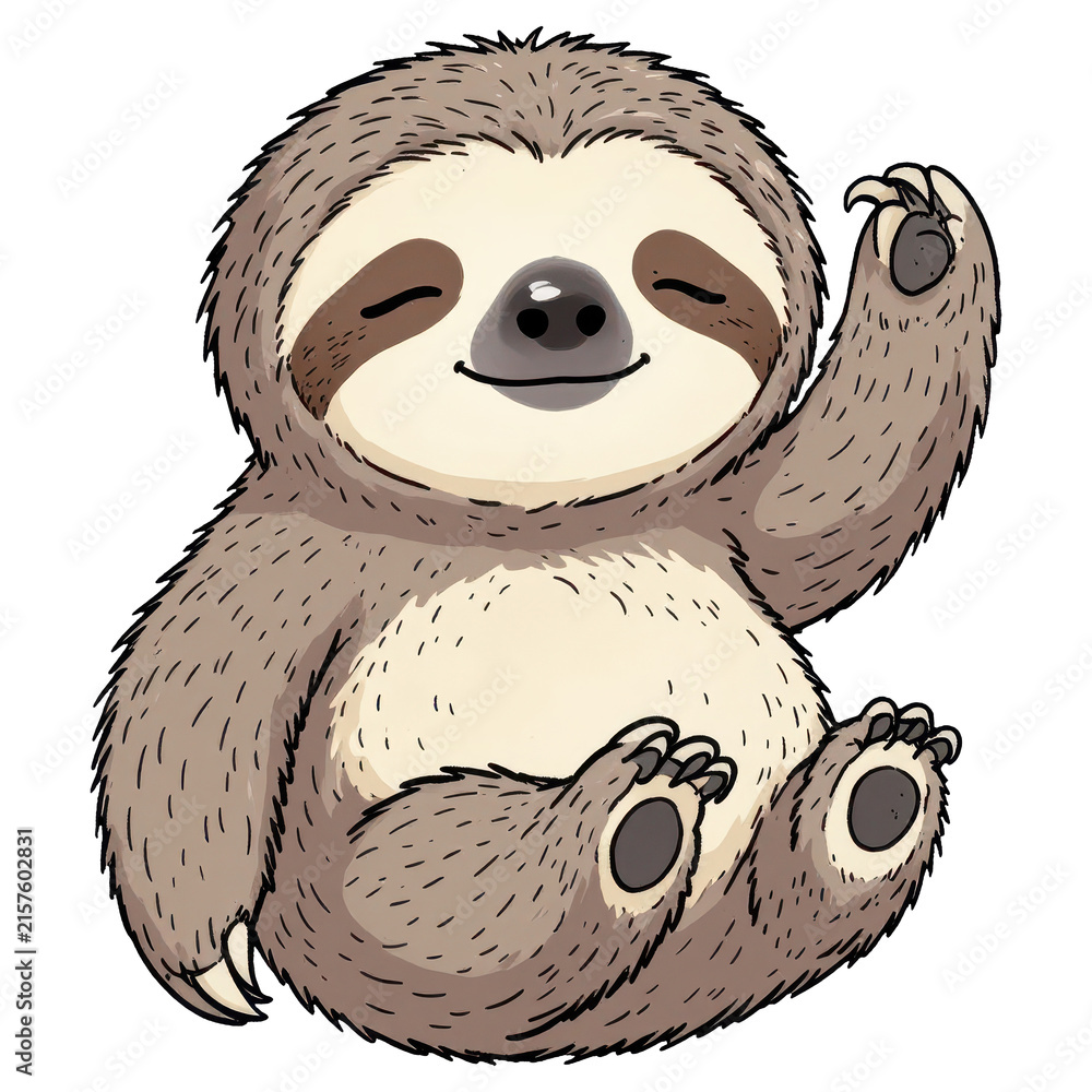 Naklejka premium Cute Sloth Waving Hello: An adorable, cartoonish sloth sits comfortably, its eyes closed in contentment, and raises a paw in a friendly greeting.