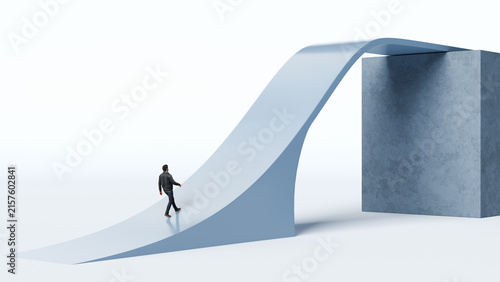 Man walking curved arc ramp path rising steeply to higher platform level, next level, career advancement and elevation concept, 3d render