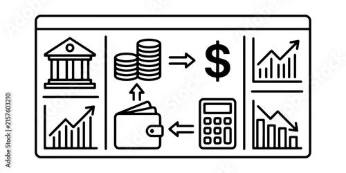 Financial Management and Money Transaction Outline Icon with Coins, Wallet and Calculator