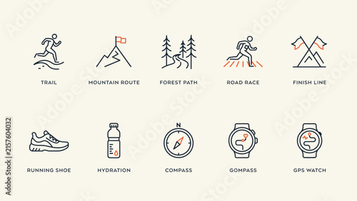 Outdoor running vector icon set – Ideal for trail running blogs, sports apps, or outdoor web.