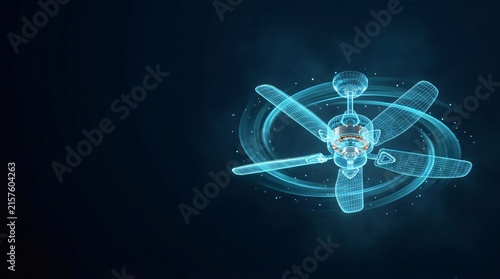 Holographic wireframe render of a ceiling fan demonstrating smart home automation and connected air cooling technology with hologram wireframe technology automation
