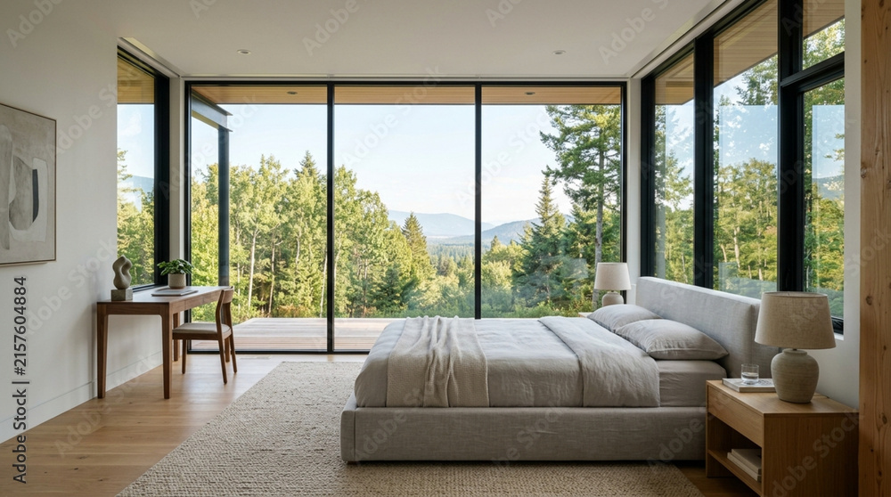 Fototapeta premium Modern bedroom with panoramic mountain and forest views through large windows