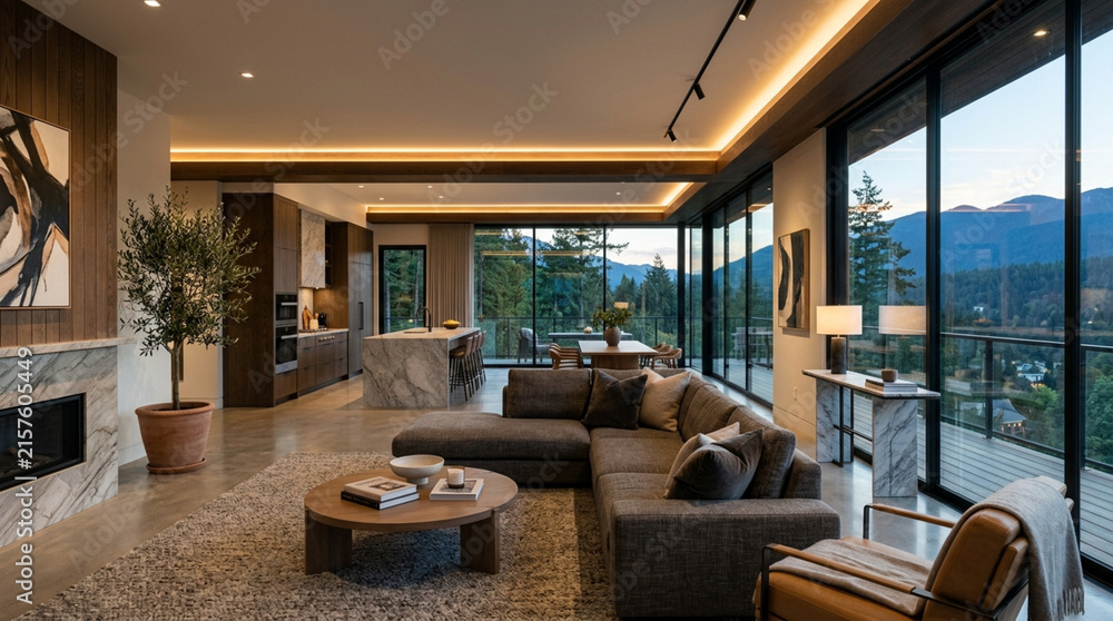 Fototapeta premium Modern Luxury Living Room with Mountain View and Open Concept Kitchen