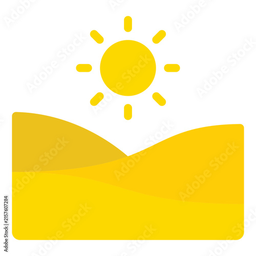 A flat design illustration featuring rolling hills in shades of yellow under a bright sun. Ideal for nature-themed projects and backgrounds.