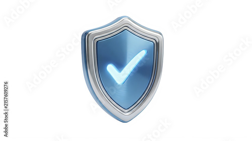 Silver security shield with glowing blue checkmark security protection