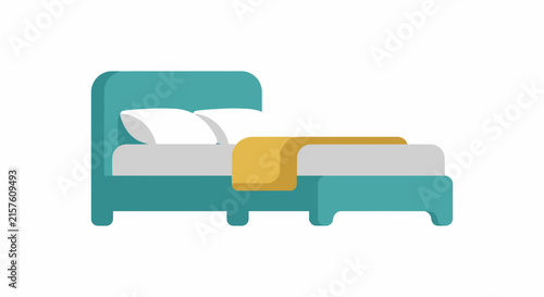 A teal bed with white pillows and a yellow throw blanket is displayed on a white background