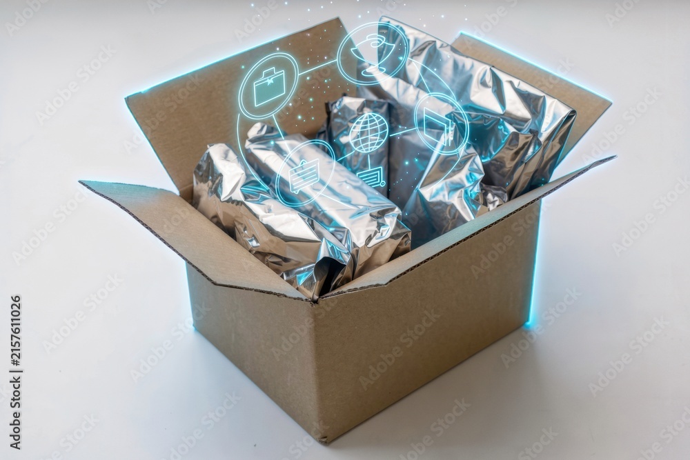 Fototapeta premium Cardboard box with silver packages and glowing supply chain icons