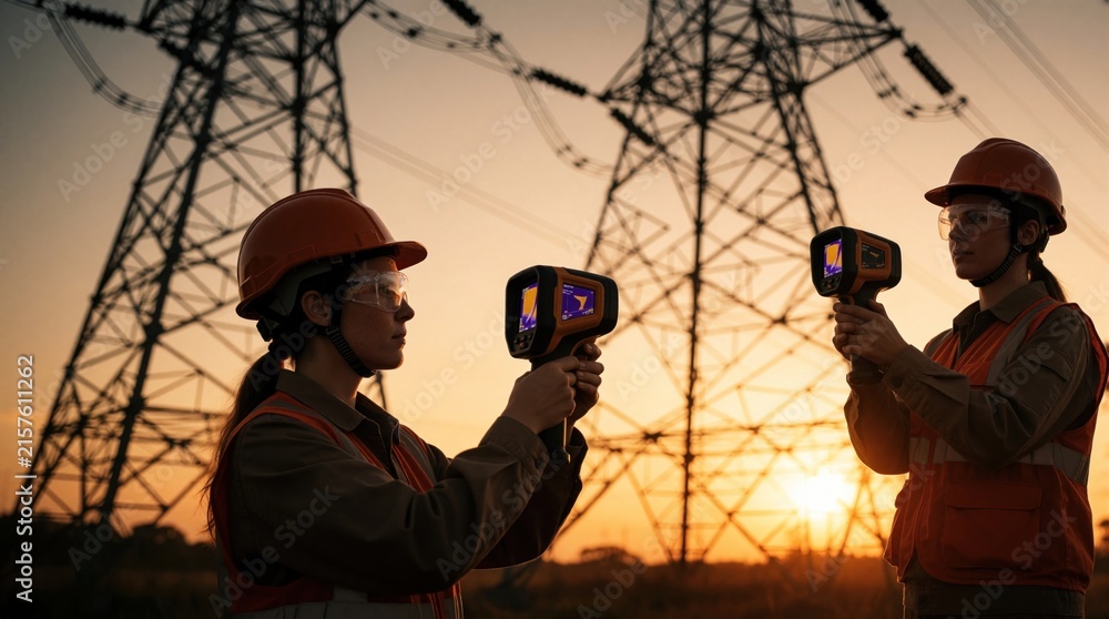 Fototapeta premium Female engineers use thermal camera inspect electrical tower at sunset. Technicians check power line infrastructure. Safety gear worn during outdoor energy inspection work.