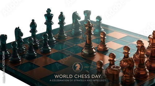 World Chess Day celebration poster with glossy board and pieces.