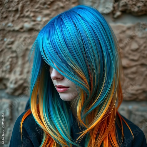Vibrant hair color contrasting with muted surroundings, bold, color