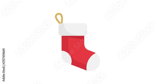Red christmas stocking with white trim and golden loop flat vector illustration