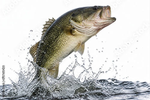 Largemouth bass jumping out of water with surface splash