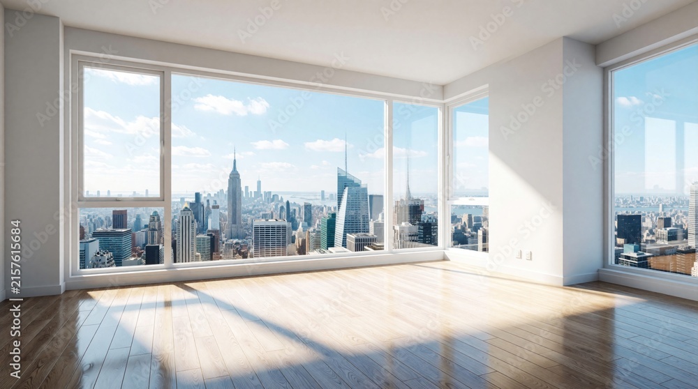 Fototapeta premium Modern apartment with large windows offers panoramic city views. Sunlight streams across polished wooden floors, creating bright, empty living space with urban skyline backdrop.