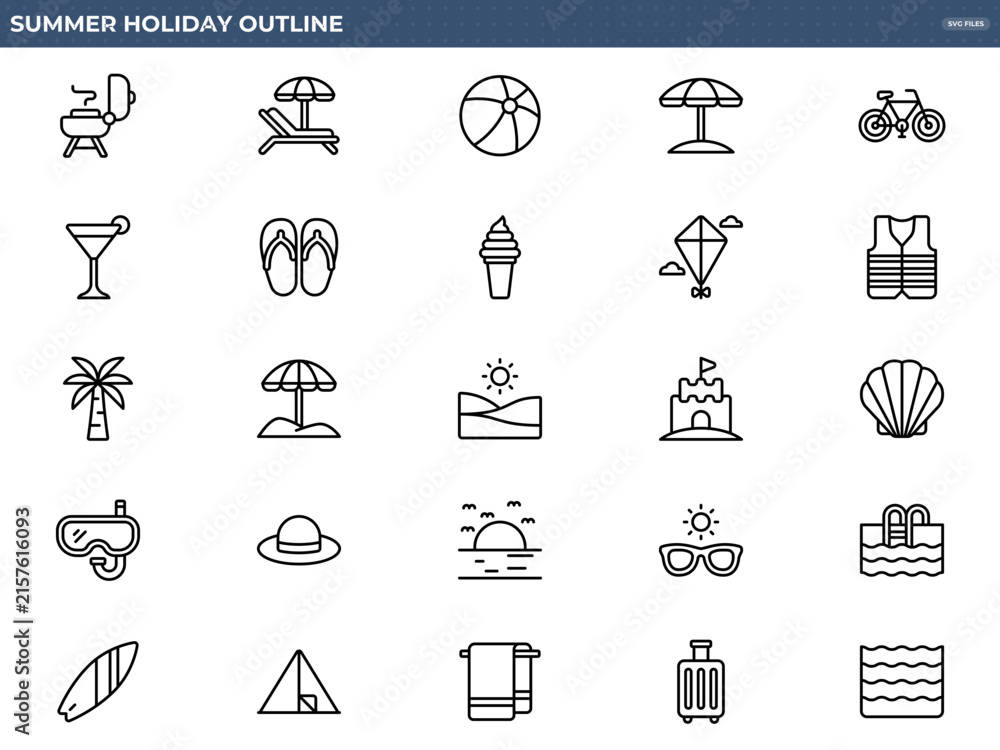 Fototapeta premium A collection of outline icons representing summer holiday activities, including beach gear, leisure items, and outdoor fun. Ideal for travel and vacation-themed projects.
