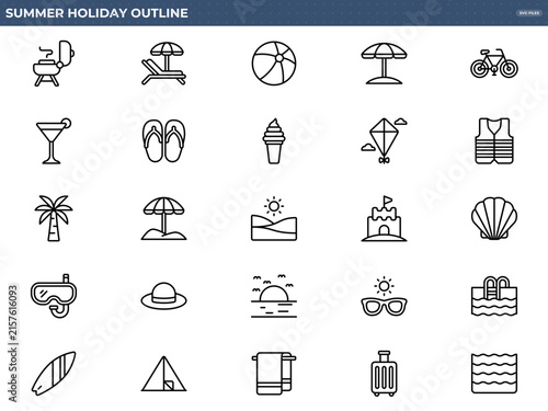 A collection of outline icons representing summer holiday activities, including beach gear, leisure items, and outdoor fun. Ideal for travel and vacation-themed projects.