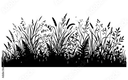 Forest flora and bush grasses clip art. Black silhouette plants and forest boundary. isolated on White Background