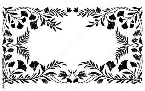 Vintage botanical ornament set; antique floral frame border print; black silhouette stencil with branches; classical engraving style design texture; decorative wreath outline for invitation