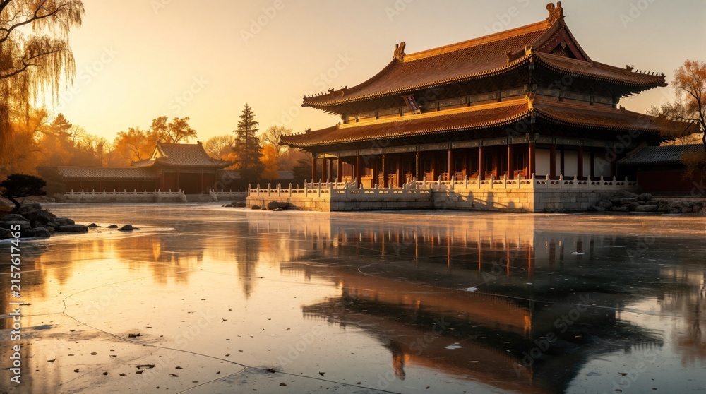 Obraz premium Traditional Asian palace architecture stands by frozen pond at sunset. Grand wooden building reflects in icy water surface. Golden light shines on ancient temple structure with pagoda roofs. Scenic