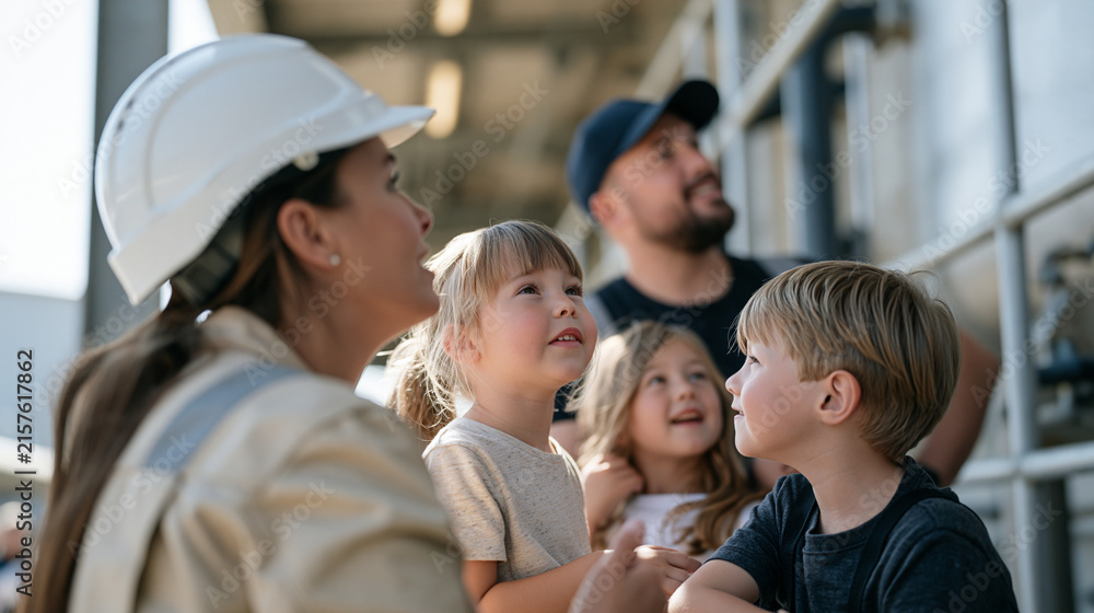 Fototapeta premium A water treatment plant worker guiding her family through a busy urban facility during an open day, the group watching a filtration tank with curiosity, heirloom quality safety