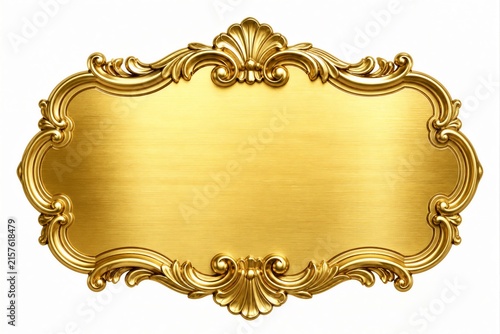 Gold metal plaque with ornate decorative frame on white