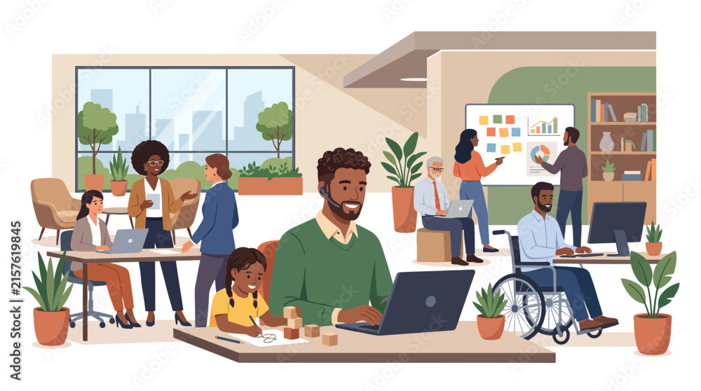 Fototapeta premium Busy modern open plan office with diverse collaborative teams.