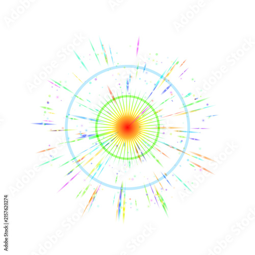 Vibrant abstract explosion of colorful light streaks, dots, and concentric circles on a black background, representing energy, celebration, and dynamic motion