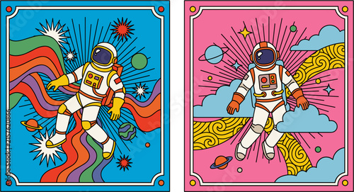 Retro Psychedelic Astronaut Illustration Set with Rainbows and Cosmic Elements.