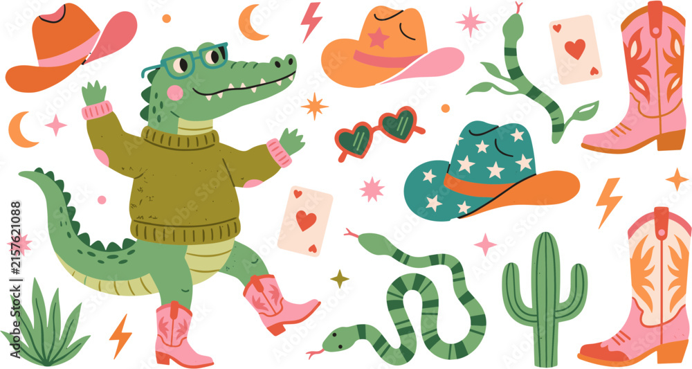 Naklejka premium Retro Western Crocodile Illustration with Cowboy Boots and Desert Elements.