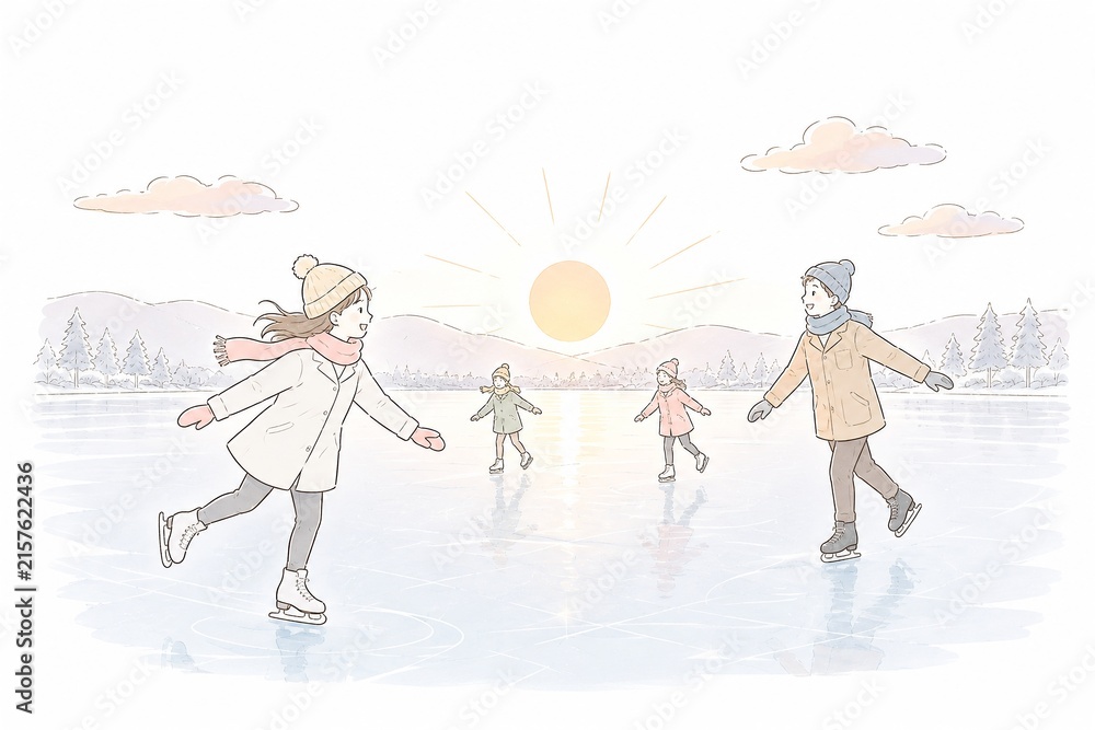 Naklejka premium 夕暮れ時に凍った湖で家族が一緒にアイススケートを楽しむ冬の風景イラスト