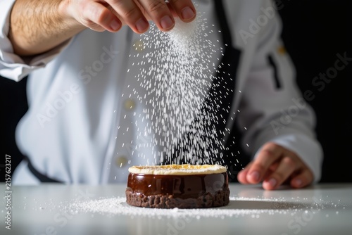 Chef delicately sprinkles powdered sugar over a chocolate dessert