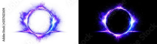 Quadro su tela 紫色の発光リングとエネルギーの円環が輝く透明背景PNG、青紫の光粒と火花が広がる幻想的な光輪フレーム、ネオン調の放射、中心が抜けた円形エフェクト、抽象的な閃光と輝度の強いオーラ、対称構図の装飾素材