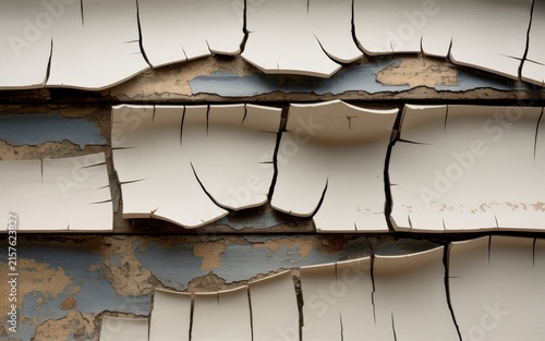 Peeling white paint chips on aged blue wooden siding for vintage architectural restoration concept.