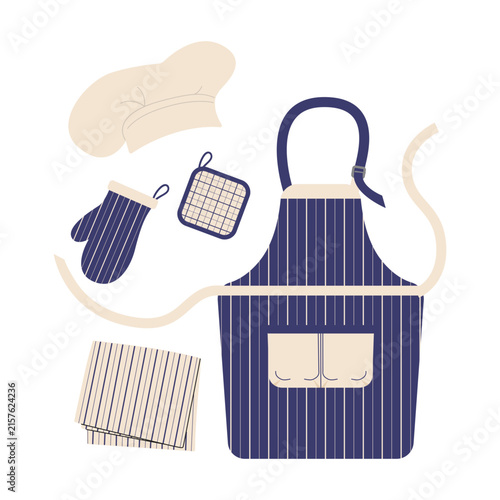 Quadro su tela Blue chef apron with chef hat pot holder oven mitten vector illustration isolated on transparent background, kitchen barbecue cook clothing set flat svg