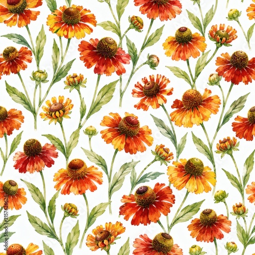 Seamless pattern of vibrant orange and red flowers with green leaves