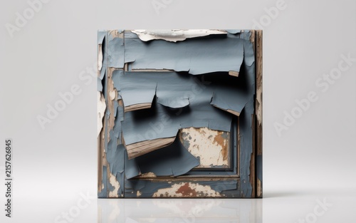 Peeling blue paint on square wooden panel for vintage textured backgrounds.