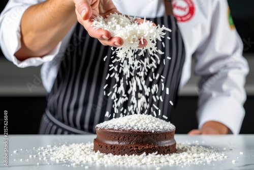 Chef sprinkles coconut flakes onto a chocolate cake