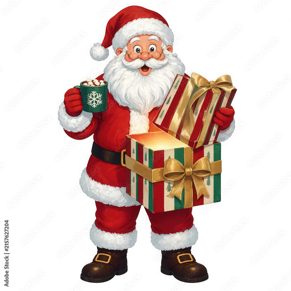 Fototapeta premium Cheerful santa claus holding a glowing gift box and a mug of hot cocoa isolated on transparent background