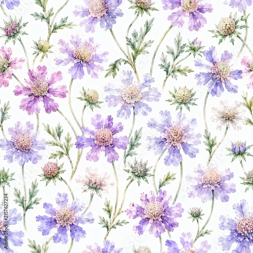 Seamless floral pattern with purple and pink wildflowers on white background