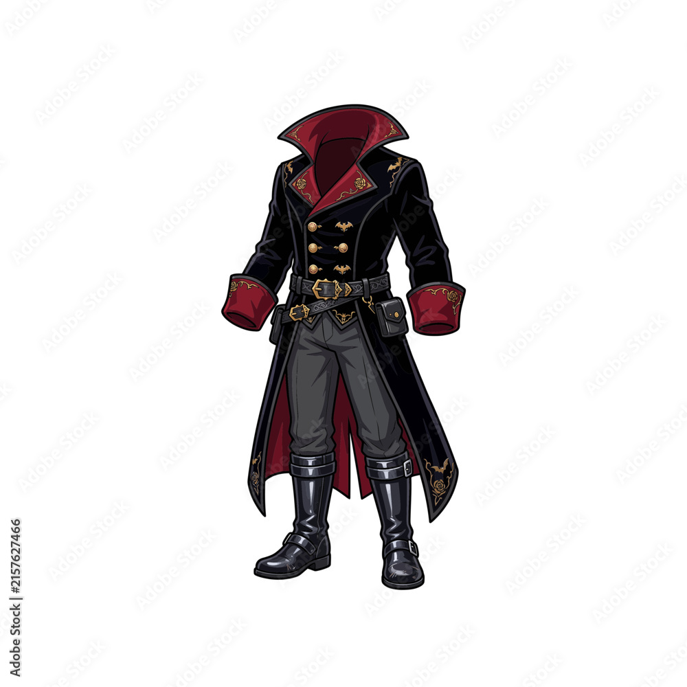 Obraz premium Fantasy pirate captain outfit with black trench coat and boots, illustration