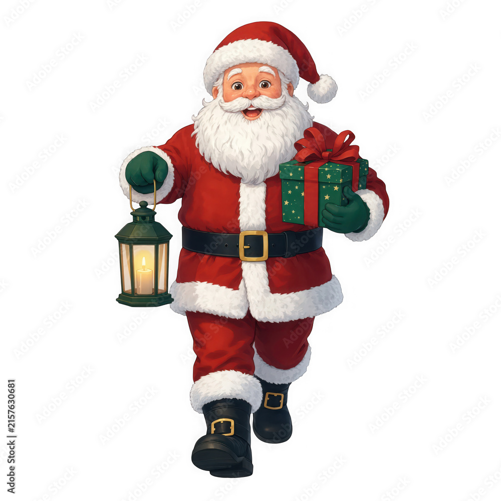 Fototapeta premium Cheerful santa claus walking with a lantern and a gift box, isolated on transparent background