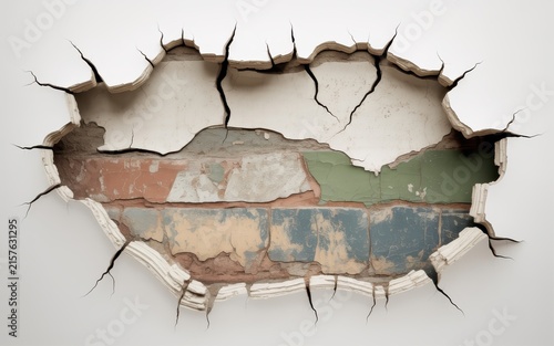 Large hole in white wall revealing layers of colorful vintage bricks and historical masonry.
