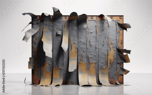 Abstract industrial sculpture featuring rusted steel plates and peeling dark coating for contemporary art gallery display.