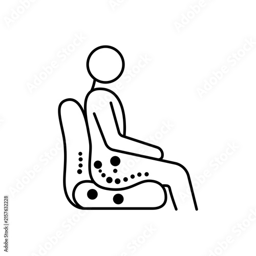 Line art icon showing a side profile of a person sitting on an ergonomically contoured seat cushion with spine support points.