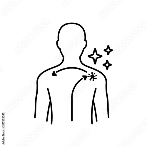 Line art illustration showing a upper torso outline with target tension points and relaxation movement pathways.