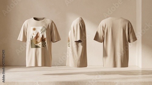 Beige T Shirt with Mountain Nature Graphic Design
