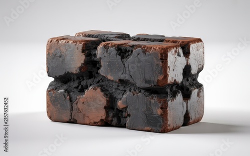 Charred rectangular block sculpture with metallic copper highlights creates unique centerpiece for artistic decor installations.