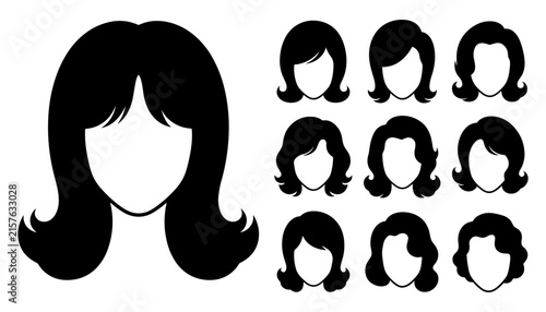 Vintage Retro Women Hairstyle Silhouette Collection with Classic Flip Haircuts, Wavy Bob, and Medium Layered Bangs Icons for Hair Salon Branding